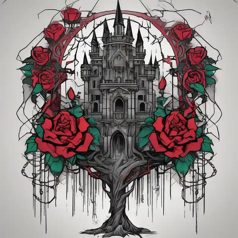 tattoo fool sleeve, dark gothic castle, tree roots break out of the chains, broken mask, girl, roses drake tattoos